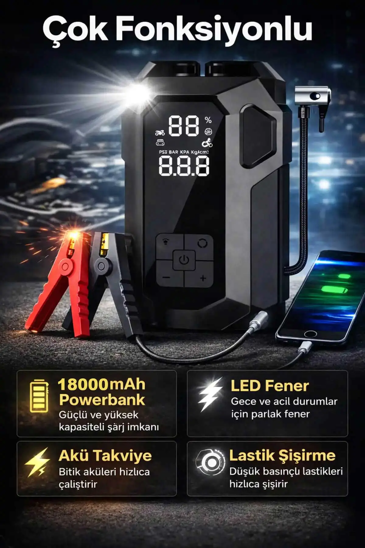 4'ü 1 Arada 18.000 mAh Akü Takviye Cihazı